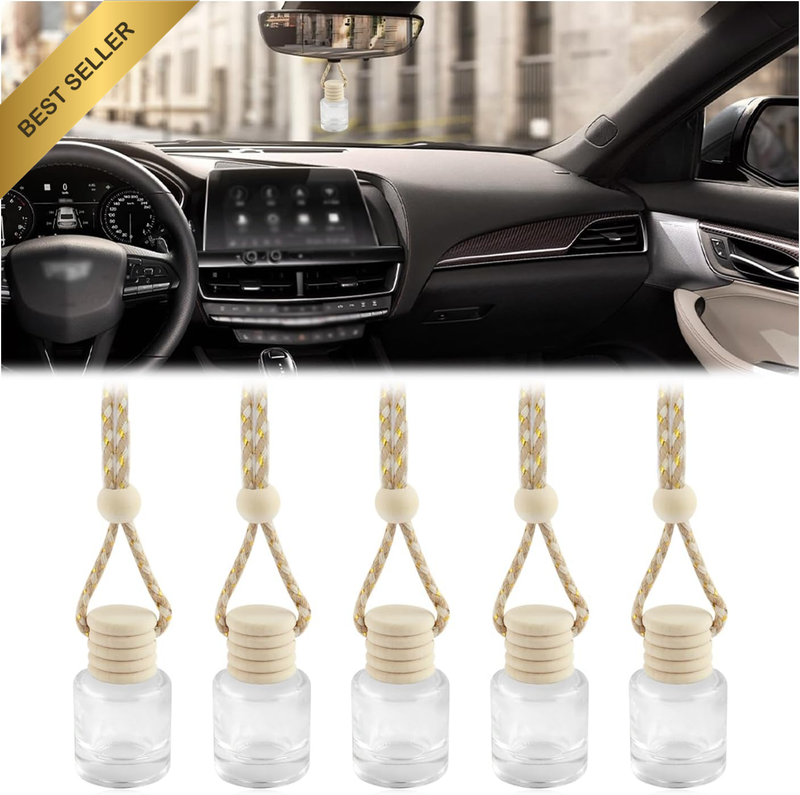 5PCS Car Air Fresheners Hanging Bottle with Wooden Cap and Rope,Empty Glass of C