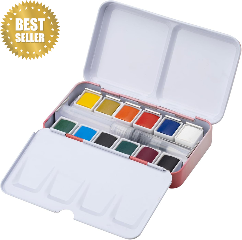 12 Colors Watercolor Paint Set: Travel Watercolor Set with Brush in Half Pans -
