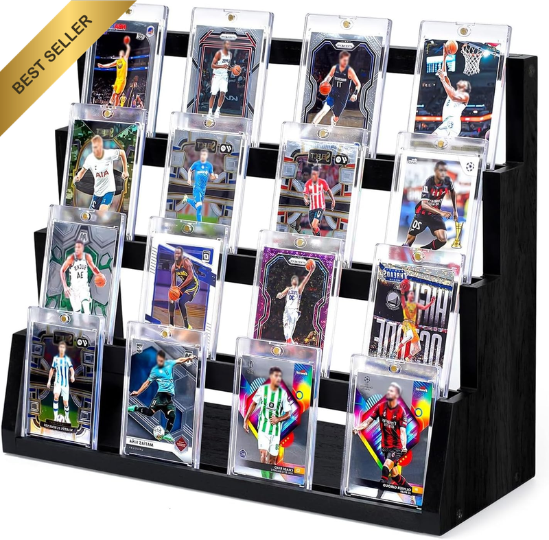 4-Tier Trading Card Display Stand, Wooden Graded Sports Card Display for Trading