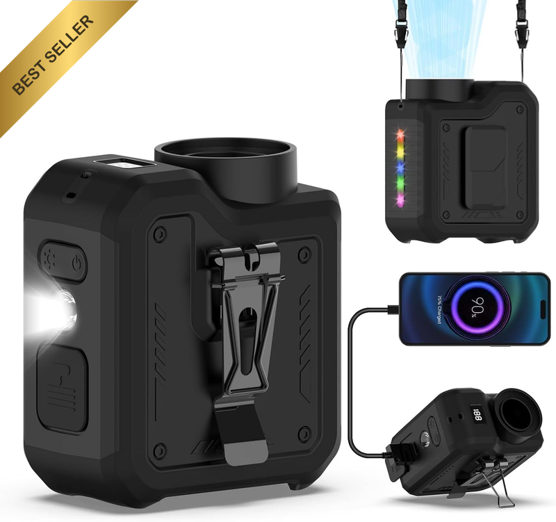 Waist Clip Turbo Fan 10000mAh 40H 4 Speed Flashlight Power Bank Neck
