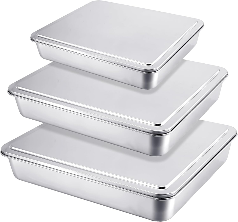 3 Set Stainless Steel Cake Pan with Lid 13/11/9 Inch Rectangle Sheet Baking Pan