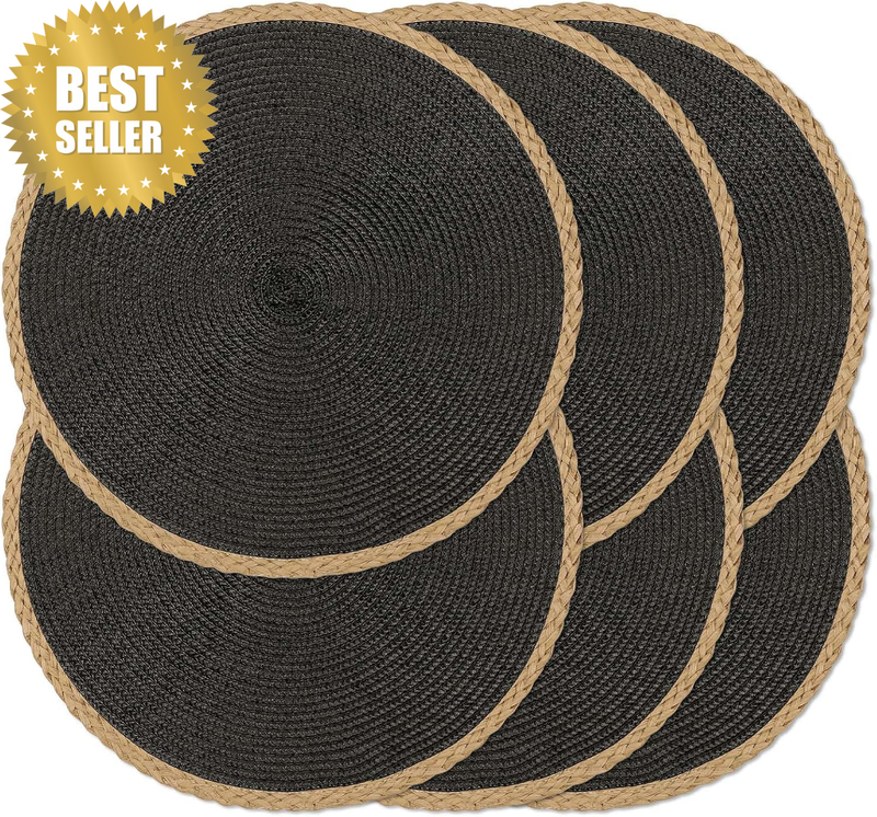 Round Placemats Set of 6, 15 Inch Braided Hand Woven Table Mats, Heat Resistant