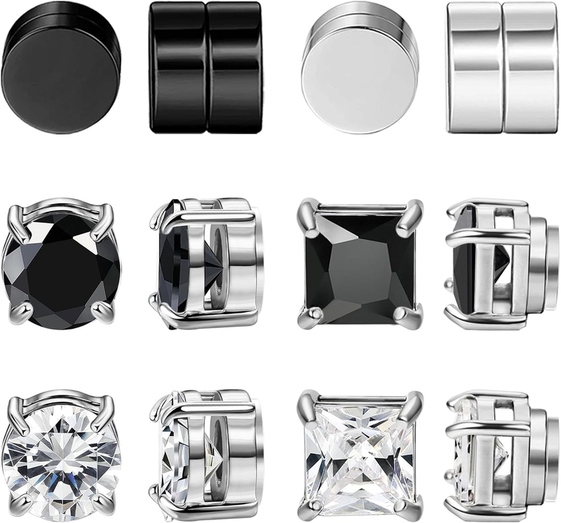 Aretes Hombre 6 Pares De Pendientes De Diamante Negro - Plata Y Acero Inoxidable Pendientes Hombre Negro