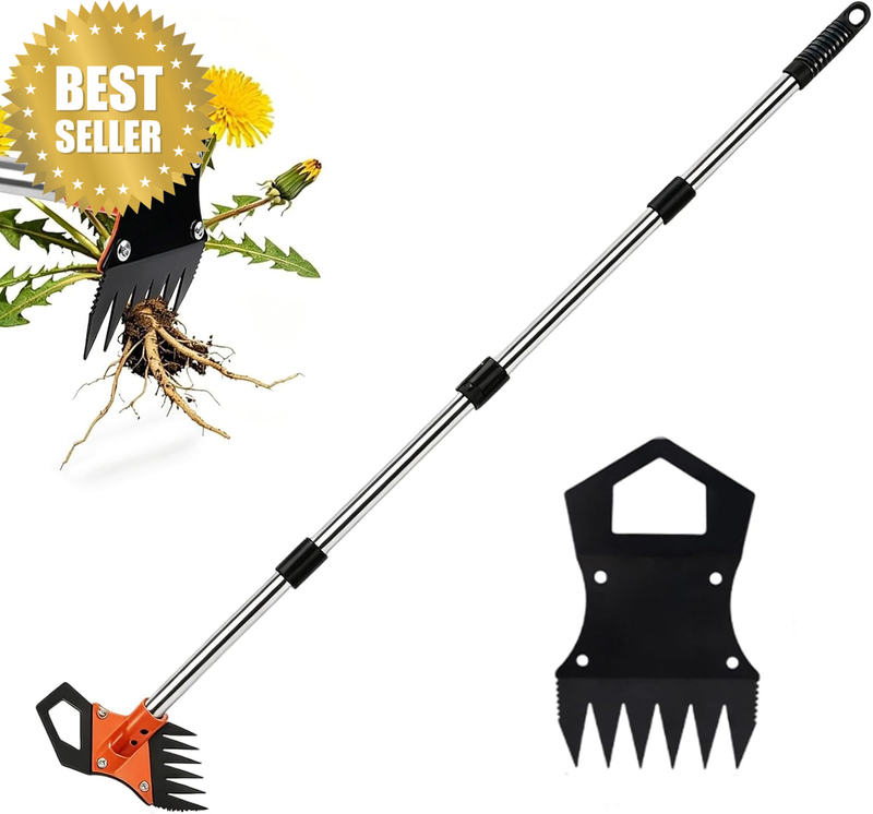 2 in 1 Garden Rake, Weed Killer with 4-Section Adjustable Handle, Weed Puller fo