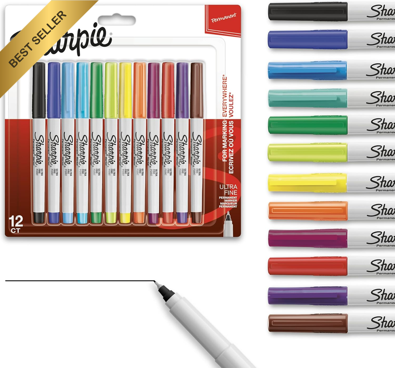 Sharpie Permanent Markers, Ultra Fine Point, Assorted Colours, 12 Count
