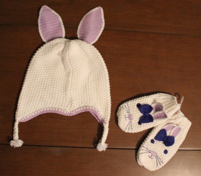 NWT GYMBOREE Lavender Bunny Crochet bunny ears Hat & Mittens Set Sz: 12-24 mos