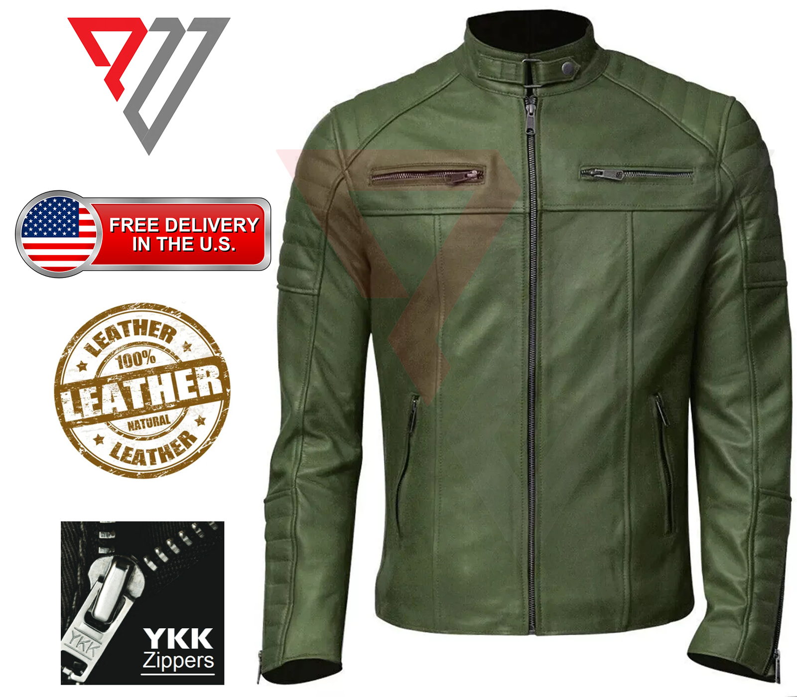 Men's Real Lambskin Soft Green Leather Classic Slim Fit Motorcycle Biker Jackets - Picture 1 of 3