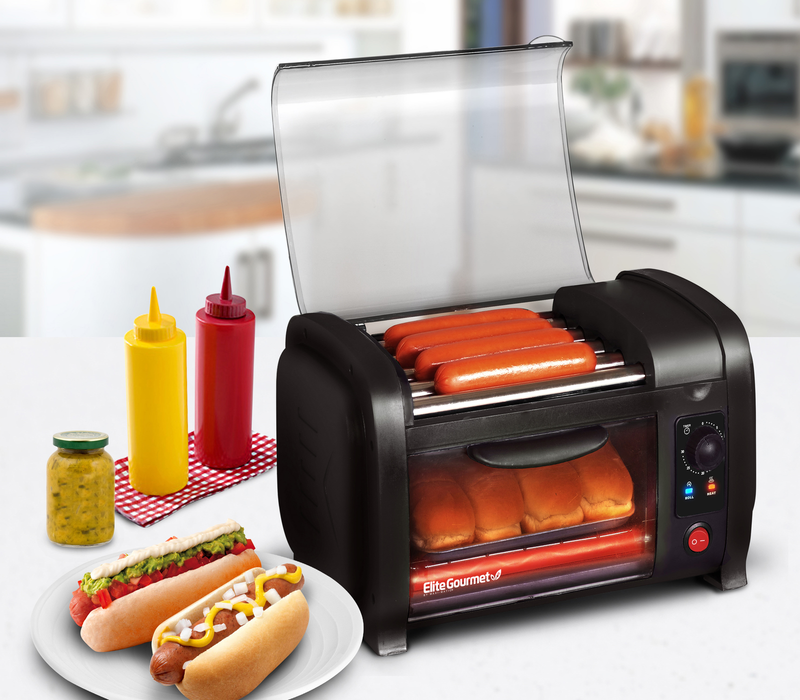 HOT DOG ROLLER Toaster Oven with Oil Retaining Tray Black ELITE by MAXI MATIC