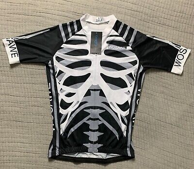 WOSAWE Cycling Jersey Large Black White Skeleton MTB Bike Full Zip Pockets