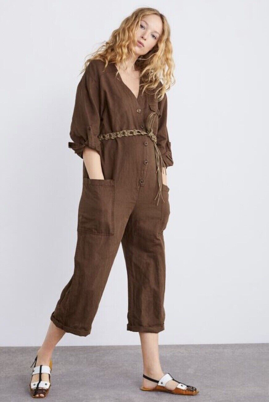 NWT ZARA Women's Brown Wide Belted Linen Jumpsuit Size S