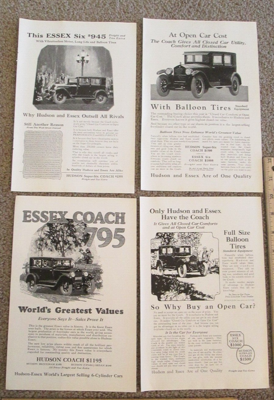 LOT OF 4 HUDSON & ESSEX CAR AUTOMOBILE PRINT ADS Vintage