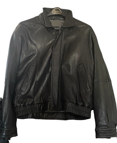 Kasper Jacket Leather Bomber Biker Full Zip Lined Black Vintage