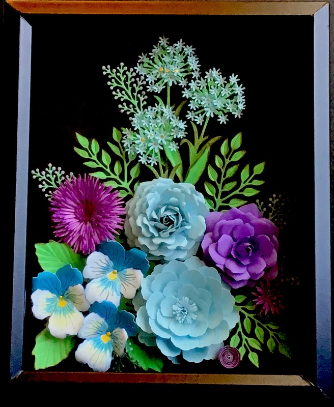 Wall Art Shadow Box Frame Pansies Rose Paper Flower Arrangement