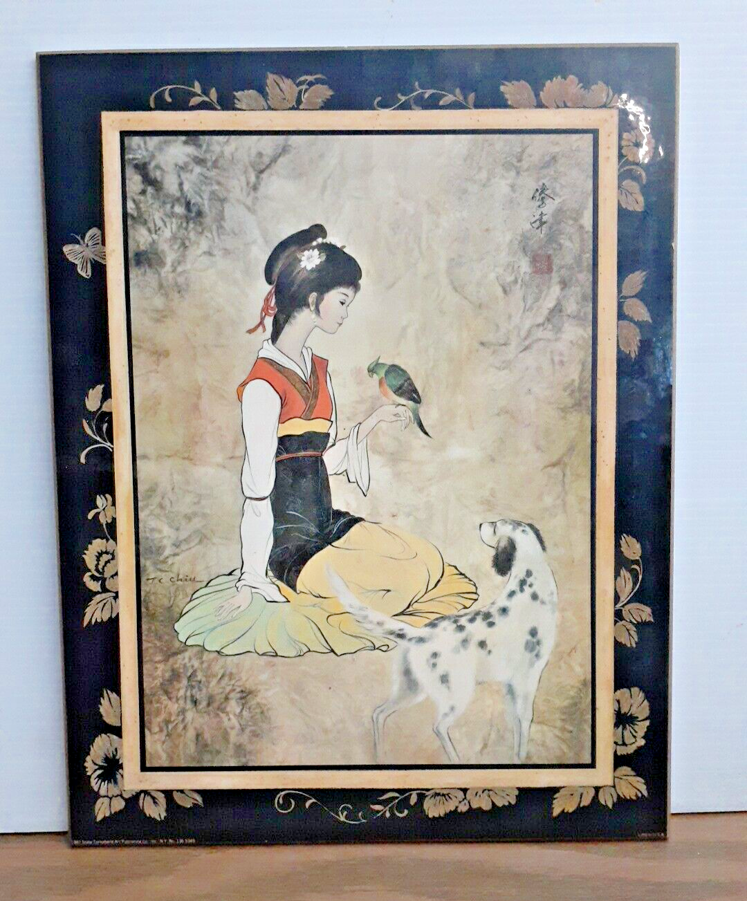 Vintage Framed T.C. Chiu Wall Print Girl With Bird And Dog