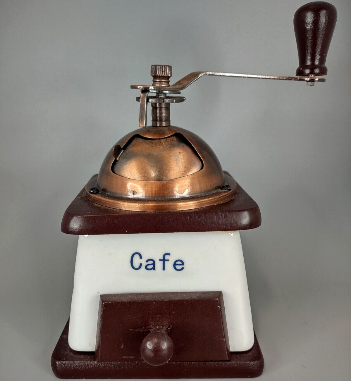 Vintage Coffee Bean Grinder Decorative Kitchen 70s Decor Porcelain Brass Wood