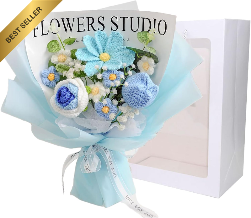 Crochet Flower Bouquet - Handmade Roses, Tulips & Cosmos with Eucalyptus - Hypoa