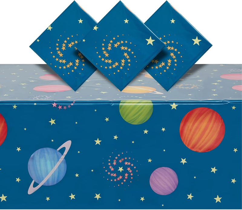 BLUE PANDA 3Pack Plastic Outer Space Tablecloths, Disposable Planets Table Cover