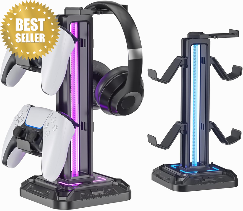 Headset Stand with 9 Light Modes - Detachable Controller Holder for Desk - Rotat