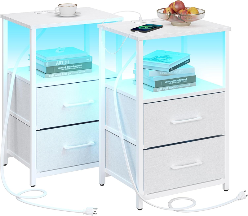 LED End Table Set with Charging Station & Drawer, USB & Type-C Ports, White