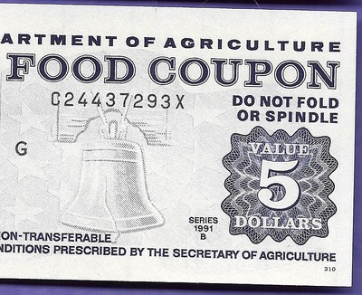 FOOD STAMP COUPON  UNC ONE 1991 B $5.00 C24437293X  MONTH G &  FRONT COVER