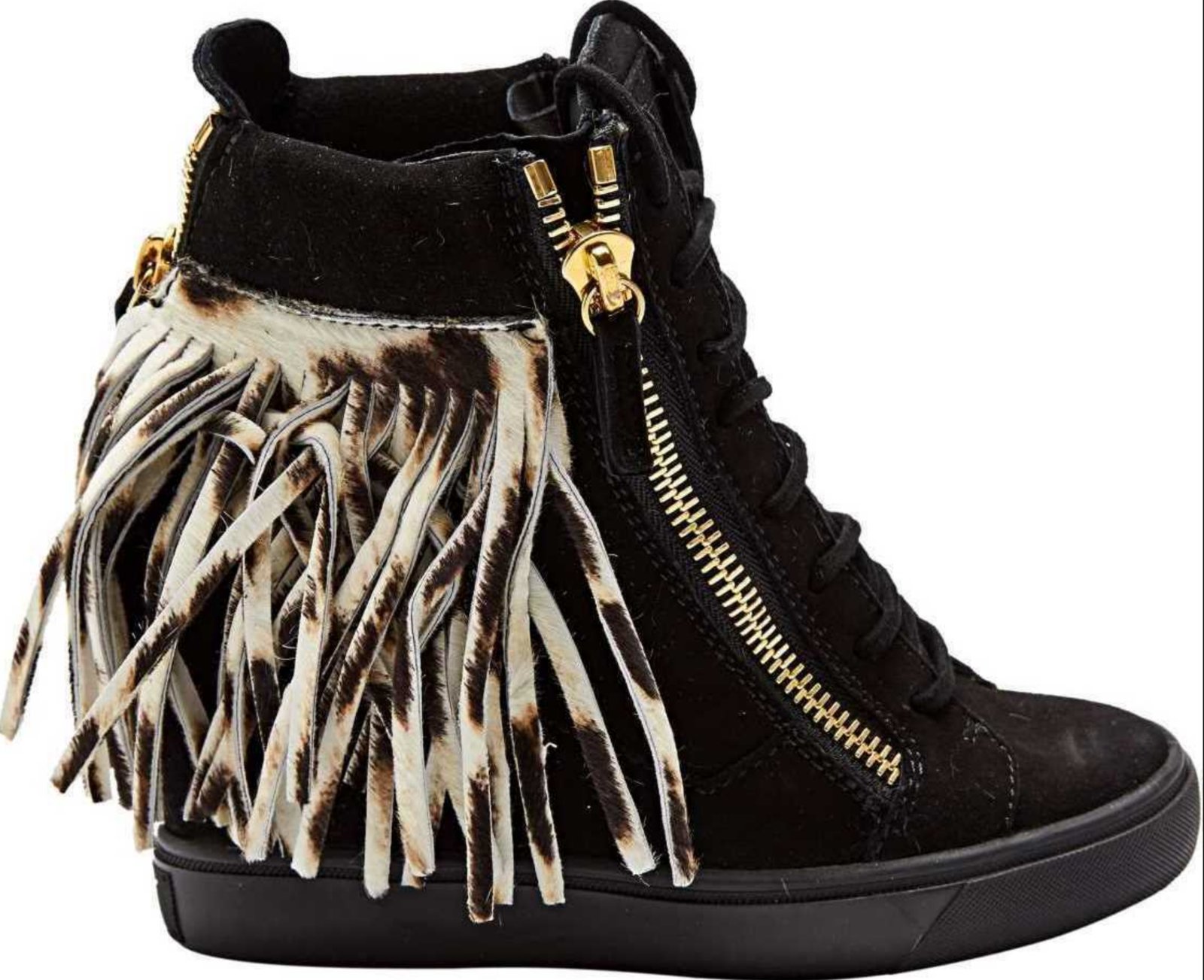 Pre-owned Giuseppe Zanotti Lorenz Fringe Wedge Sneakers Hightop Trainers Shoes 38.5 In Black