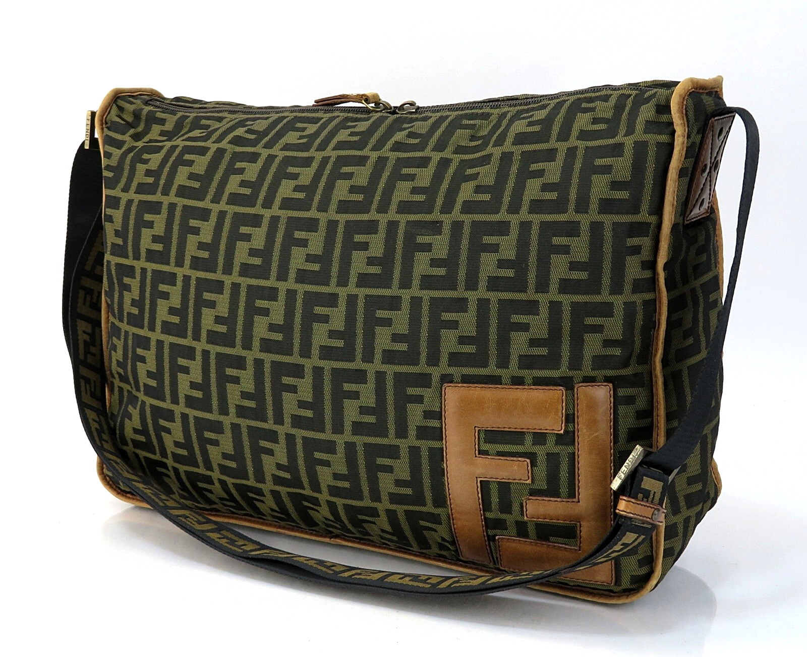 Auth FENDI Brown Zucca and Leather Shoulder Crossbody Bag