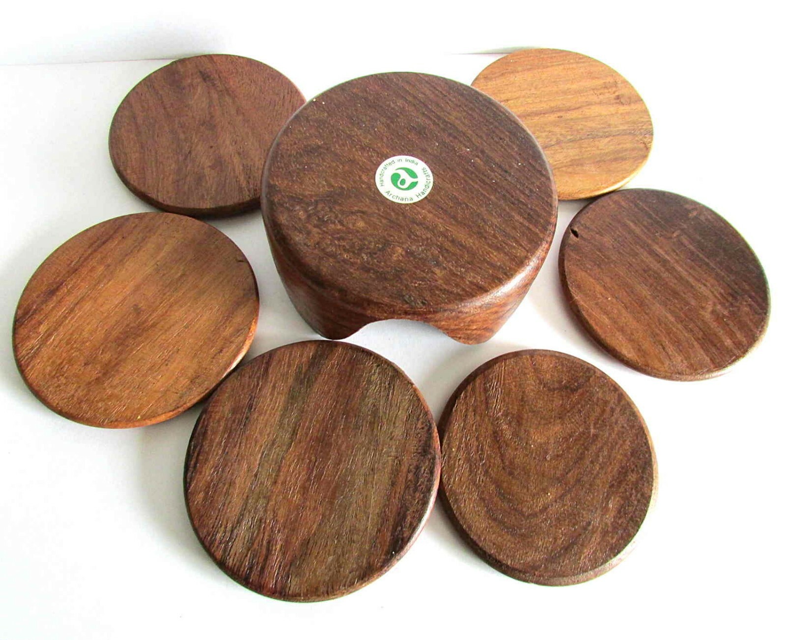 Vintage Handcrafted Carved Wood Drink Coasters 6 Plus Case FREE SH