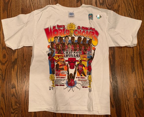 Vintage CHICAGO BULLS NBA 1993 3 World Champions T Shirt Cartoon Rare XL