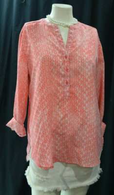 Fred David long tunic Women blouse sexy top hi lo button tab sleeve Size L NEW