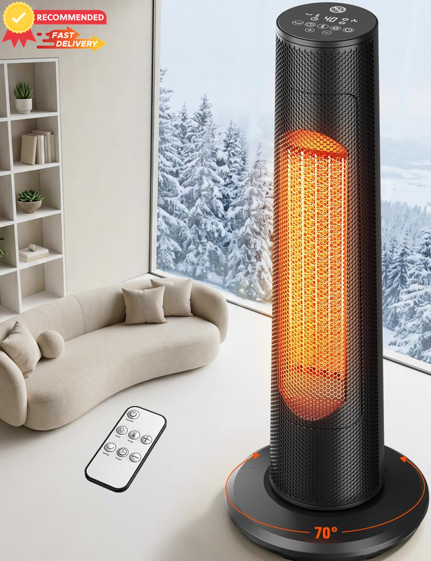 2000W Ceramic Heater with Remote, 70° Oscillation, 12H Timer, Safe Heat