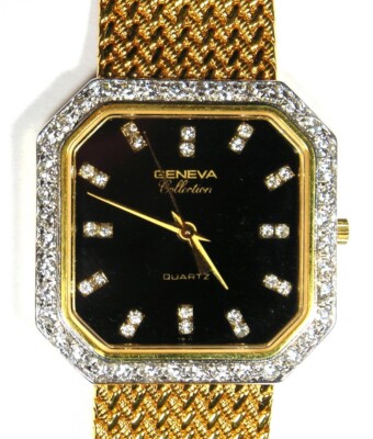 Vintage Roy King Diamond and 18K Gold Geneva Collection Watch with Black Dial