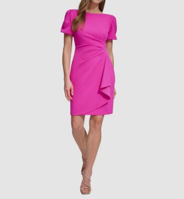 DKNY Women's Pink Scuba Crepe Ruched Boatneck Dress Petite Size 8P