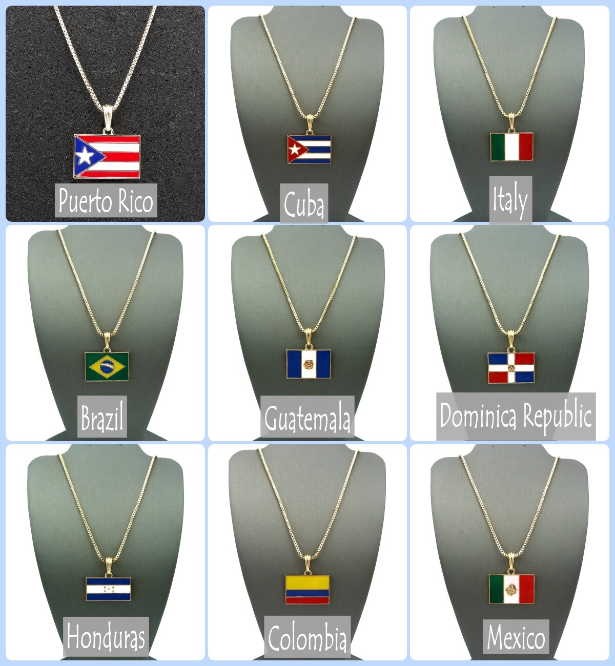 Nation Flag, Country Flag Pendant 2mm 18",20"24" Box Chain Necklace