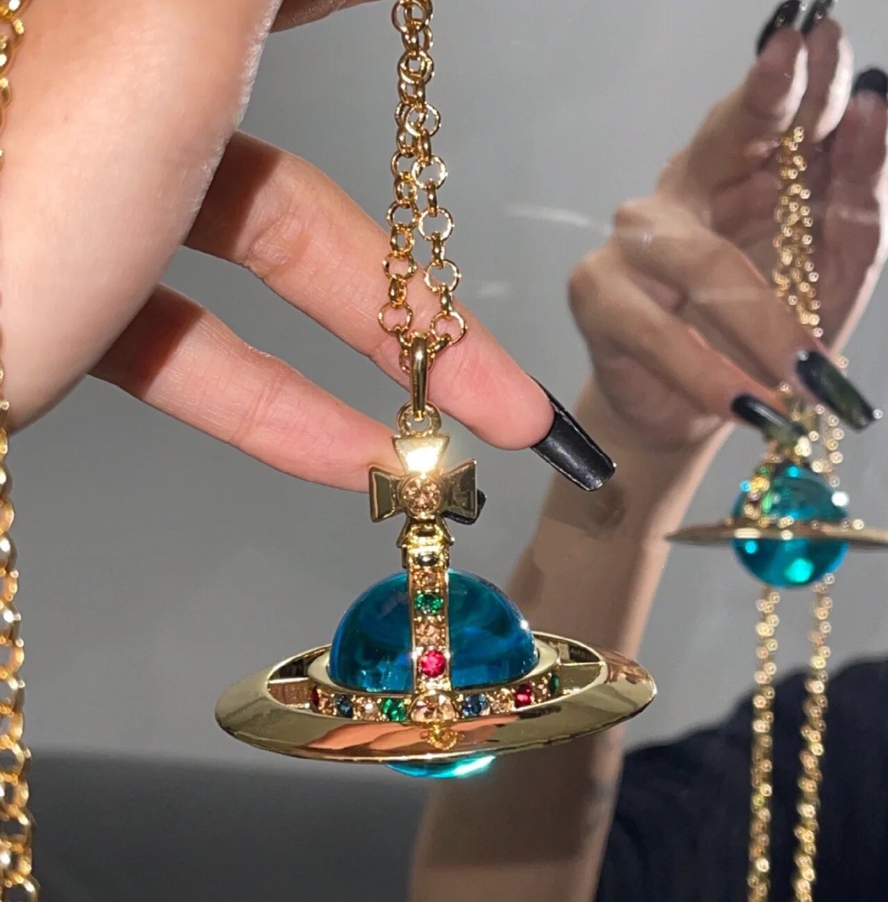 Vivienne Westwood Nana giant blue crystal 3D orb gold tone