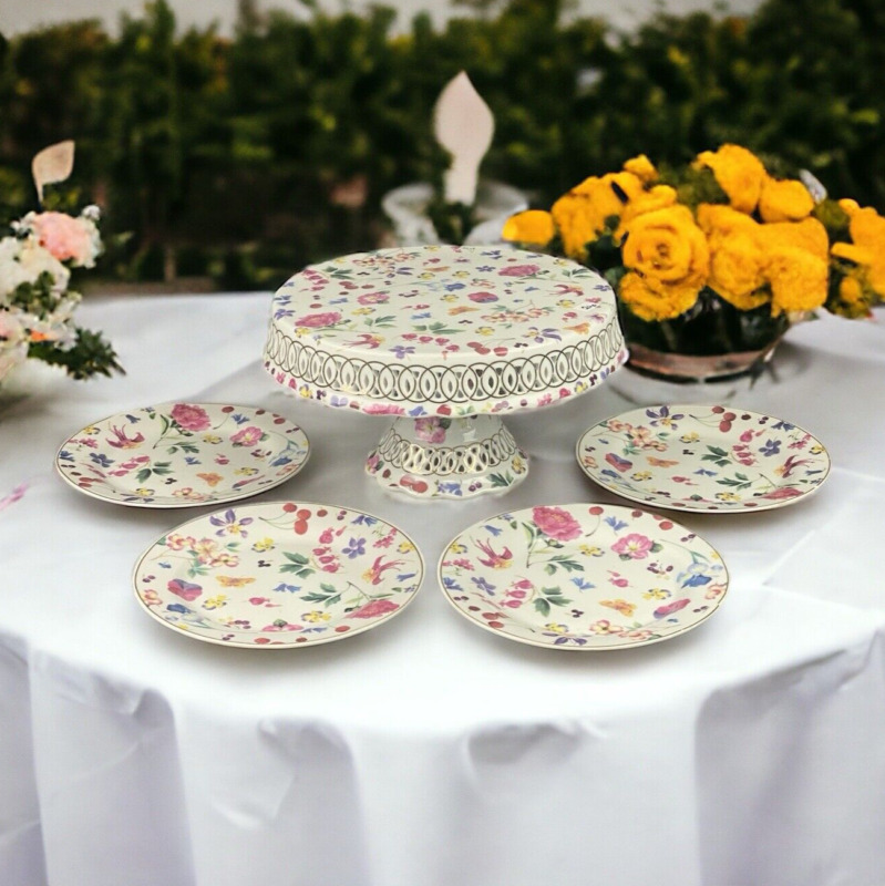Vintage Ceramic Wedding Cake Stand 10" with 4 Plates