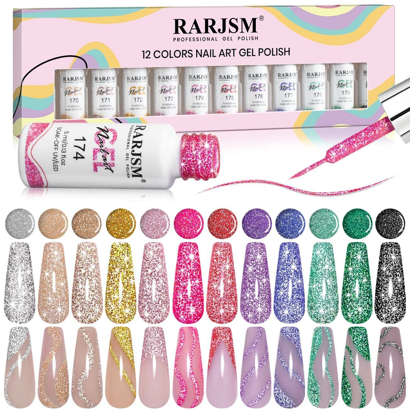 Reflective Glitter Nail Art Gel Liner Flash Diamond Painted Polish 12 Colors 5Ml