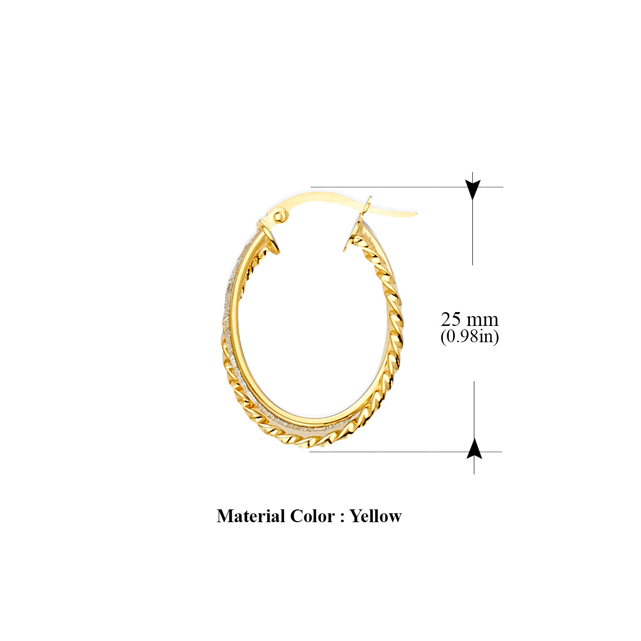 Pre-owned Tgdj 14k Yellow Gold 2mm Glitter Oval Hoop Earrings Diameter 25mm