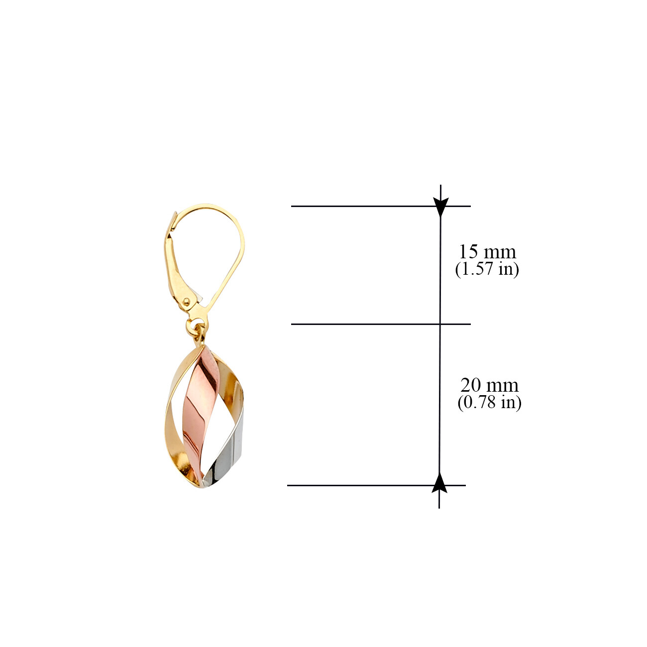 Pre-owned Tgdj 14k Tri Color Gold Hollow Hanging Earrings For Women/height 20 Mm X Width 10 Mm