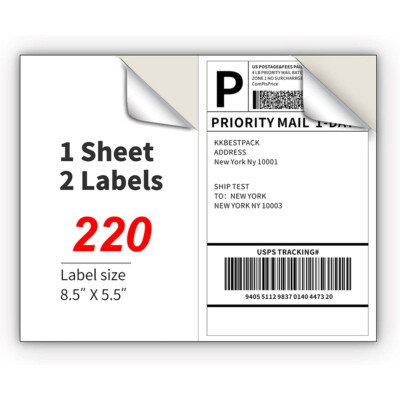 1000-4000 Premium 8.5X 5.5'' Half Sheet Self Adhesive Shipping Labels 2 Per Sheet