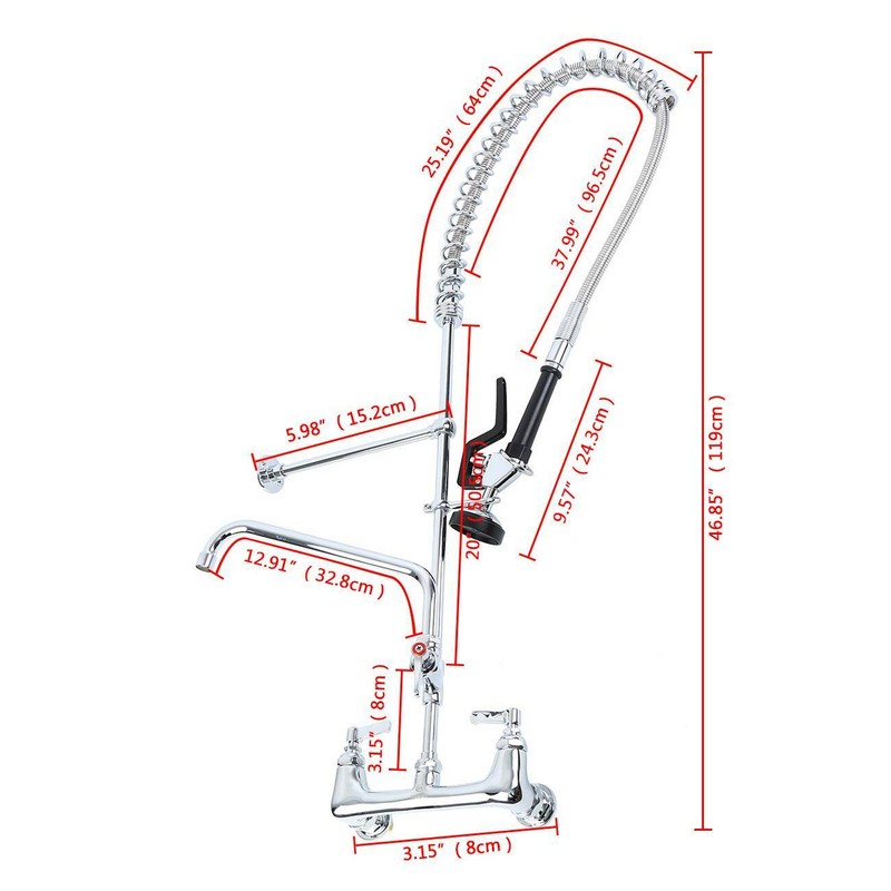 Commercial Pre-rinse Faucet Wall Mount Kitchen Sink Faucet w/ Sprayer 47" Heigh