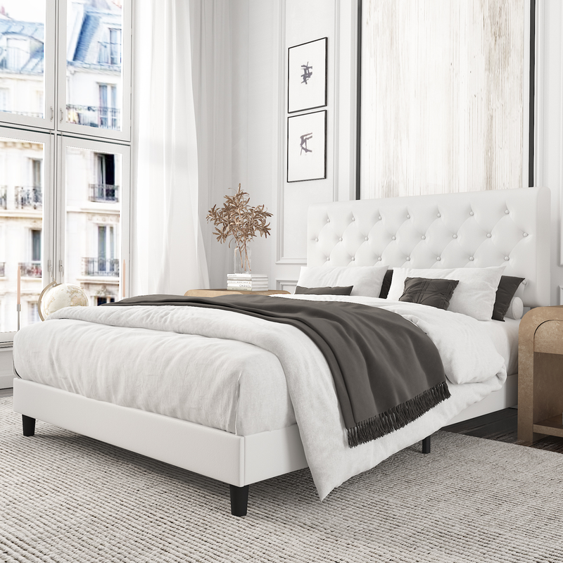 ELEGANTE Cama Tama&ntilde;o Reina Qapizada Plataforma Cabecero Ajustable Bot&oacute;n Diamante
