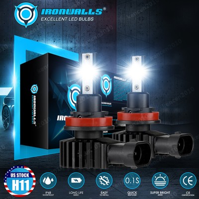 IRONWALLS H8 H9 H11 LED Headlight Bulbs Low Beam 6000K Pure White Plug Play 2pcs