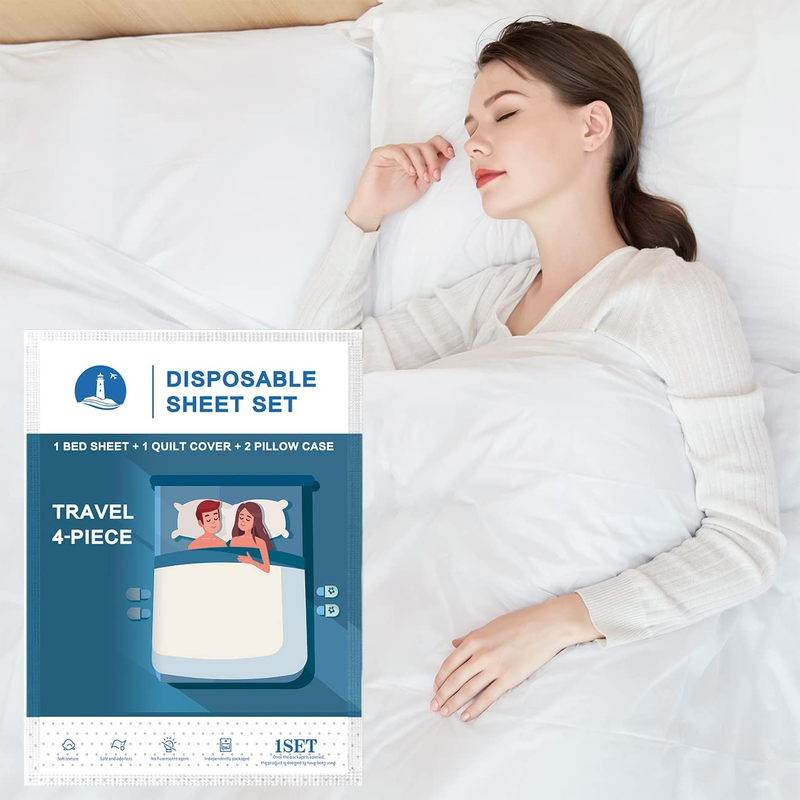 Disposable Bed Sheets, Quilt Cover and Pillow Case Set for Hotel and Travel. Por