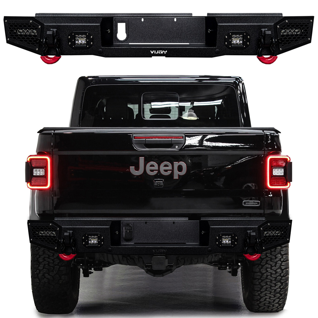 Vijay For 2020-2026 Gladiator JT Black Rear Bumper with Spotlight