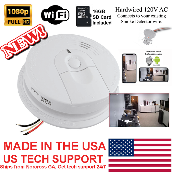 1080P HD WiFi Smoke Alarm Detector Spy Camera, 120V Wired Hidden Cam, No Audio