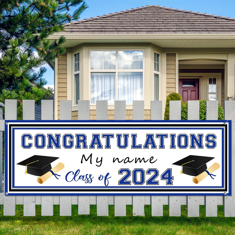 Graduation Banner Personalized 2024 Blue Decorations Marker Pen 59x19.7 Inch NEW