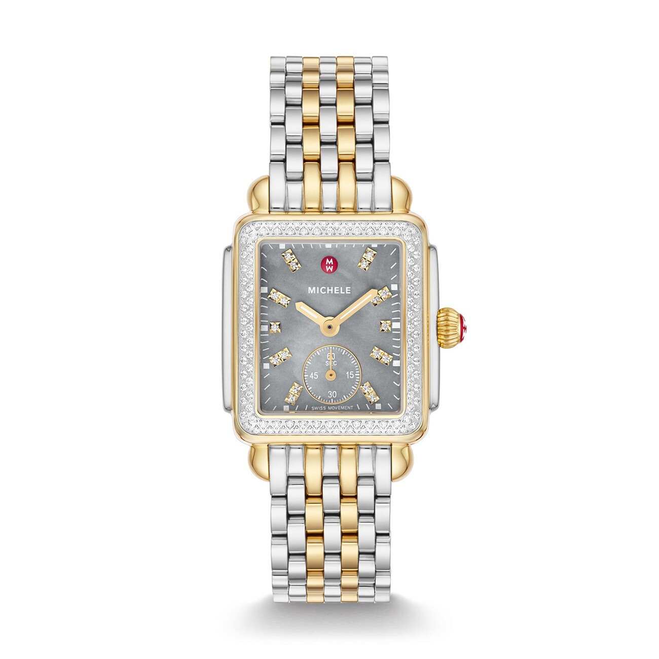 Pre-owned Michele Deco Mid Diamond Gold Two-tone Gray Mop Diamond Dial Watch Mww06v000132