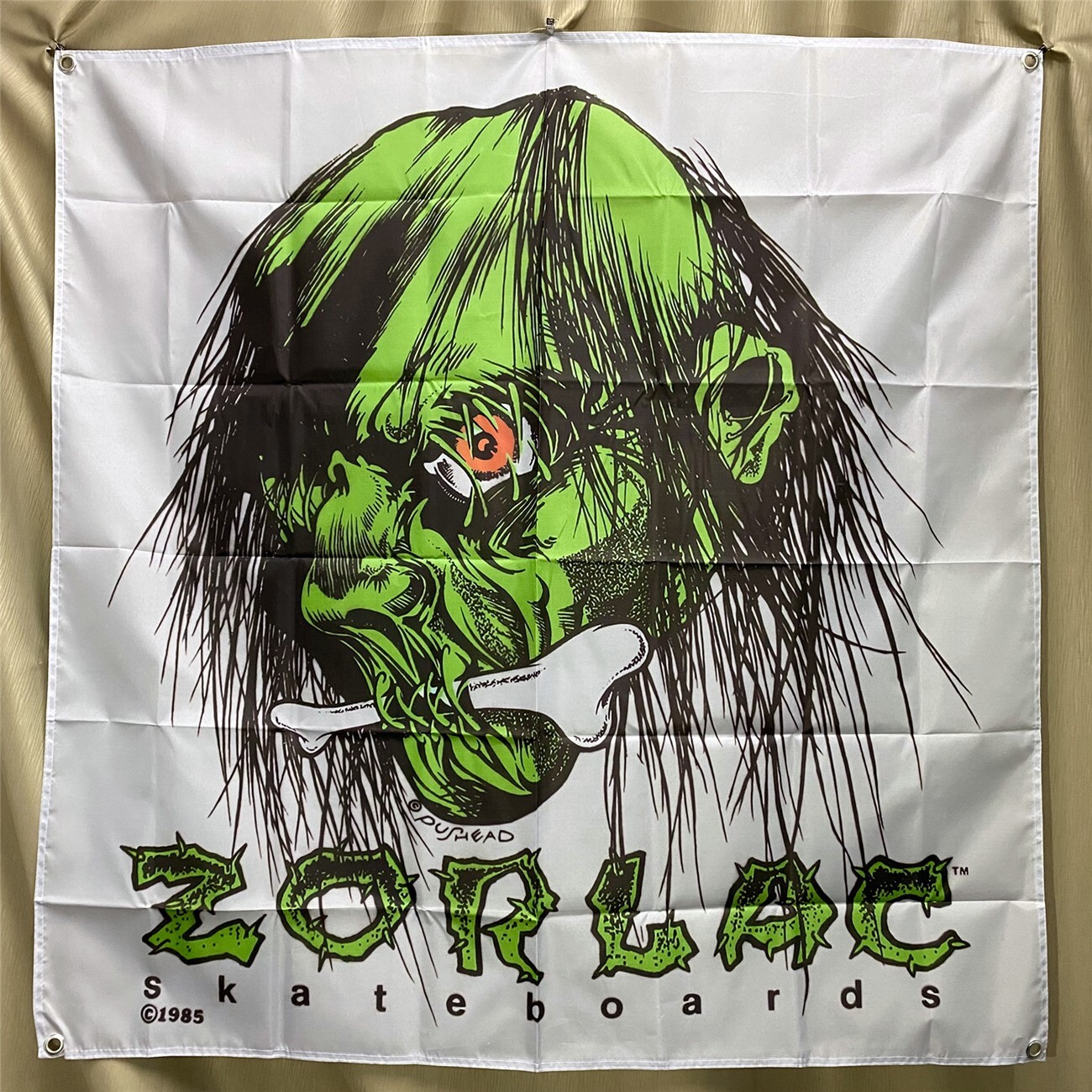 Zorlac Skateboard Flag PusHead Shrunken Head Banner Vintage Zorlac Skateboard Flag PusHead Shrunken Head Banner Vintage