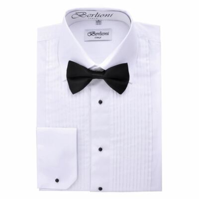 BERLIONI ITALY MEN'S TUXEDO BOWTIE LAYDOWN COLLAR DRESS SHIRT WHITE ALL SIZES