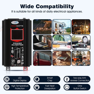 6000W Power Inverter DC 12V to AC 110V /120V Car Sine Wave Converter Dual USB